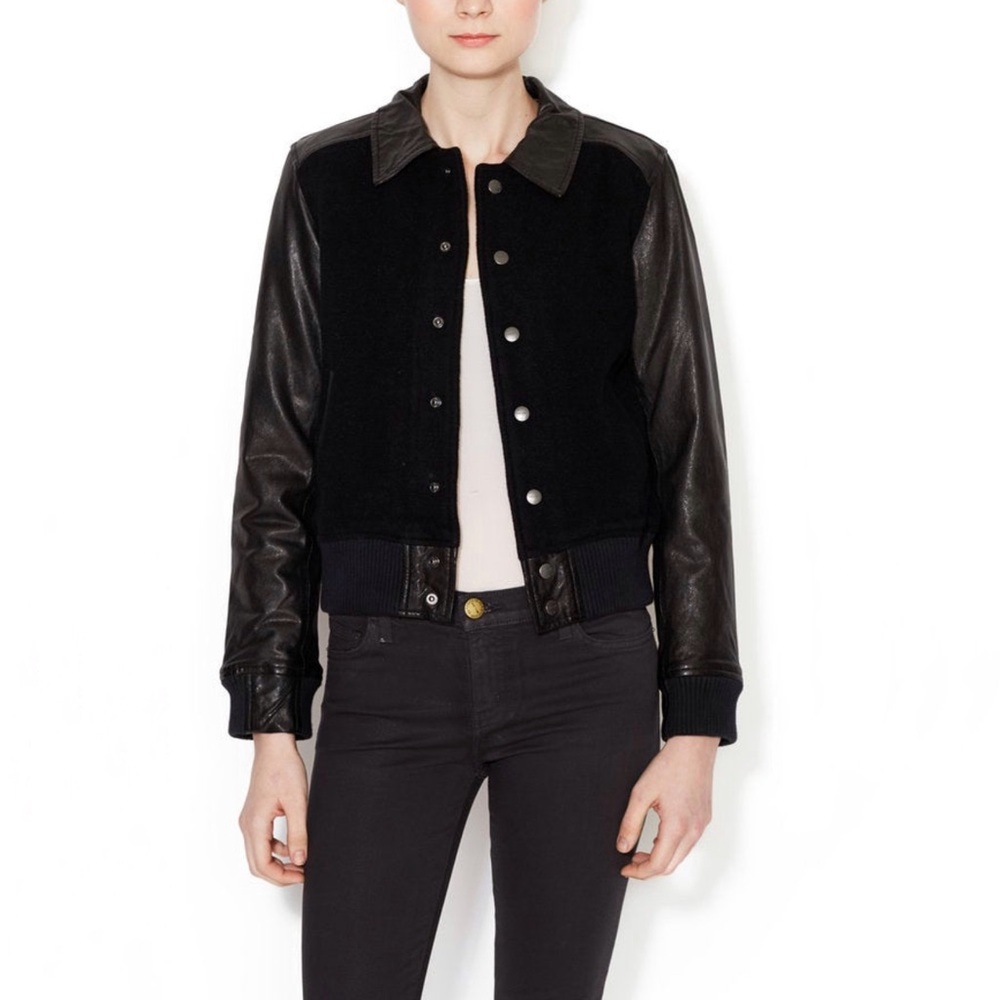Current Elliot The Varsity Leather Sleeve Jacket, sz 0, MSRP $499